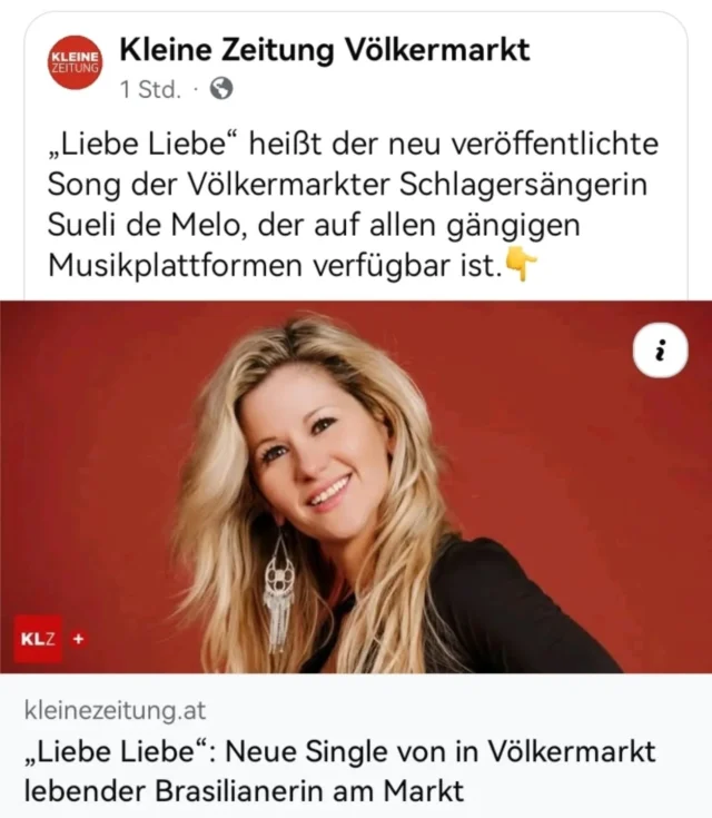 Vielen ❤️-en Dank an der @Kleine Zeitung Völkermarkt für den tollen Bericht. Hab mich sehr gefreut ☺️. Schaut rein liebe Freunde 🤗🤓📰🗞️

https://www.kleinezeitung.at/kaernten/voelkermarkt/19598426/neue-single-von-in-voelkermarkt-lebender-brasilianerin-am-markt?fbclid=IwY2xjawJ0VHhleHRuA2FlbQIxMQABHlhaa7HOj1pRZ3aMYF-GrLgnjWrKqC-RQs1yJ4YdnqWRm3ia_2t3eyRwpdY3_aem_fAHO63uD7Qph0phhdbnH2g